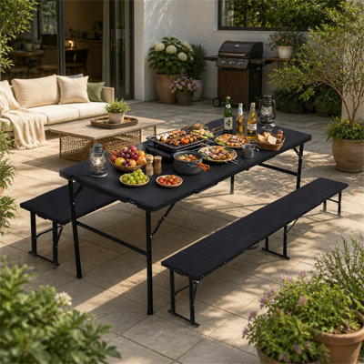 Ensemble de table de pique-nique pliable portative de 70 pouces avec 2 bancs, ensemble de meubles pliants d'intérieur et d'extérieur 3 pièces, plateau de table en grain de bois pour le camping, la fête dans la cour arrière, le pique-nique, les rassem