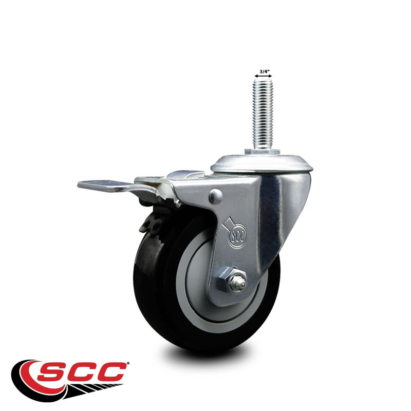Poly Wheel Swivel 3/4 Inch Threaded Stem Caster Total Lock Brake