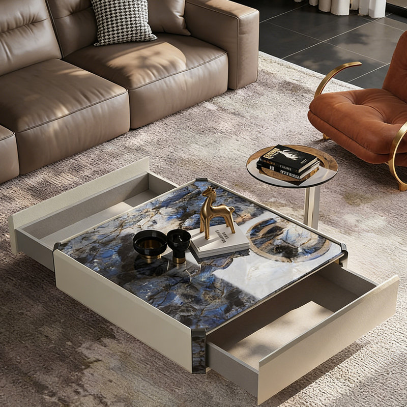 Ensemble de tables basses carrées pour petit appartement, H 14,17 po x L 31,49 po x l 31,49 po, Fauve / bleu