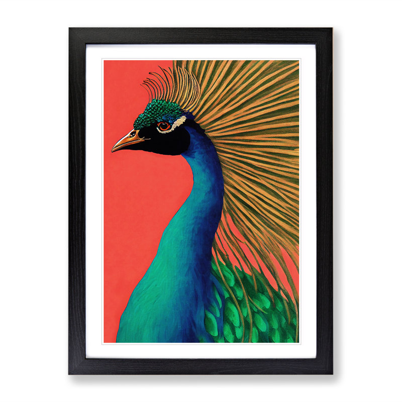 Attractive Peacock - Single Picture Frame Painting, 64cm H x 46cm W x 2cm D, Black Framed