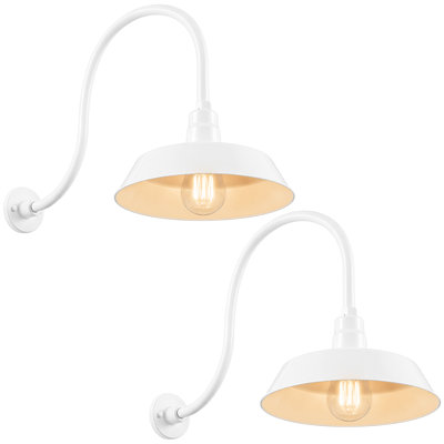 14in. White Outdoor Gooseneck Barn Light Fixture With 24in. Long Extension Arm - Wall Sconce Farmhouse, Antique Style - UL Listed - 9W 900lm A19 LED Bulb (5000K Cool White) - 2-Pack