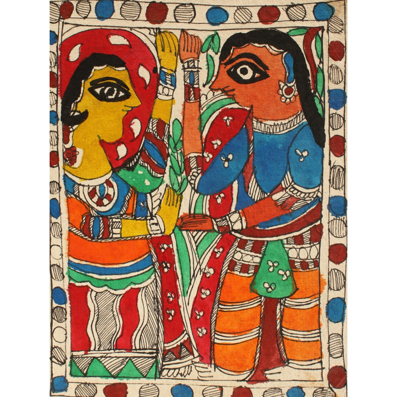 Radha et Krishna dansant | Peinture Madhubani | Décoration murale