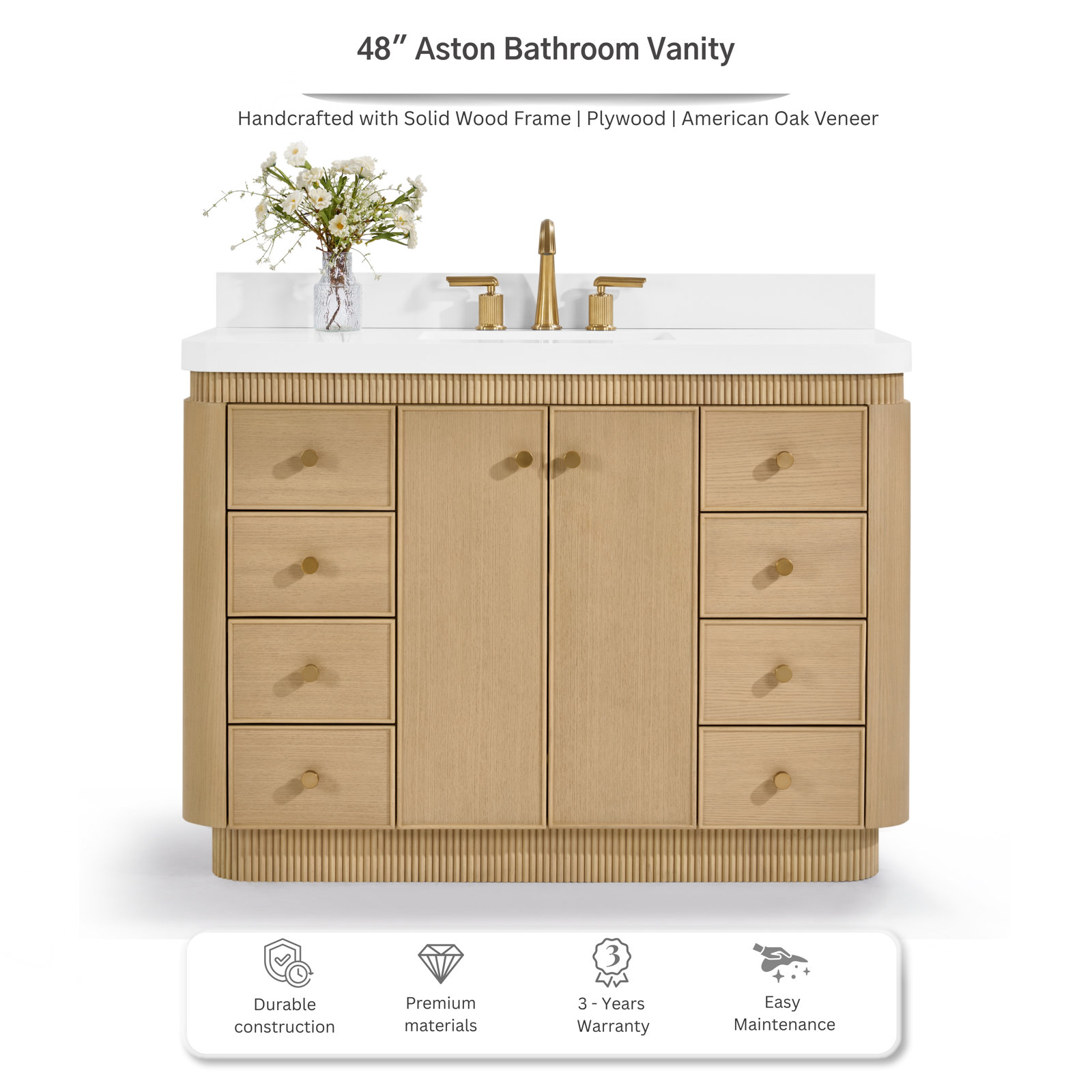 Aston Oak Single Bathroom Vanity, 48 inch, Natural Oak