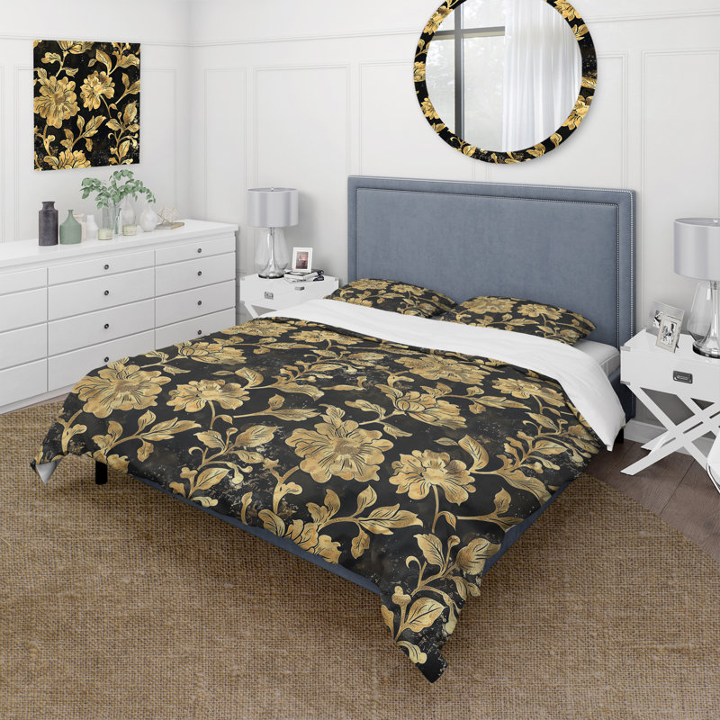 Ensemble de housse de couette damassé dorée délicate et dorée I, Housse de couette pour grand lit + 2 taies décora