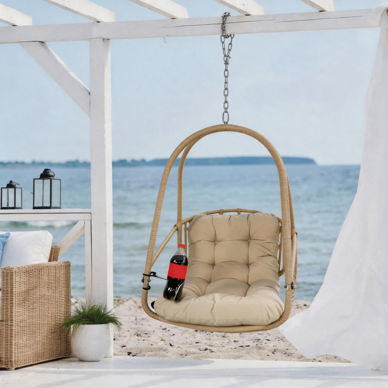 Fauteuil à œufs suspendu en osier naturel avec coussin et porte-gobelet, intérieur / extérieur