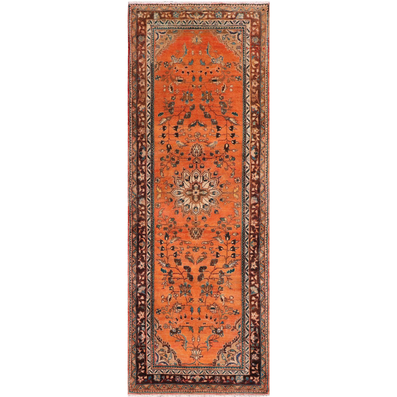 Tapis de couloir vintage en laine noué à la main orange et brun Tabriz 3 pi 9 po x 10 pi 0 po