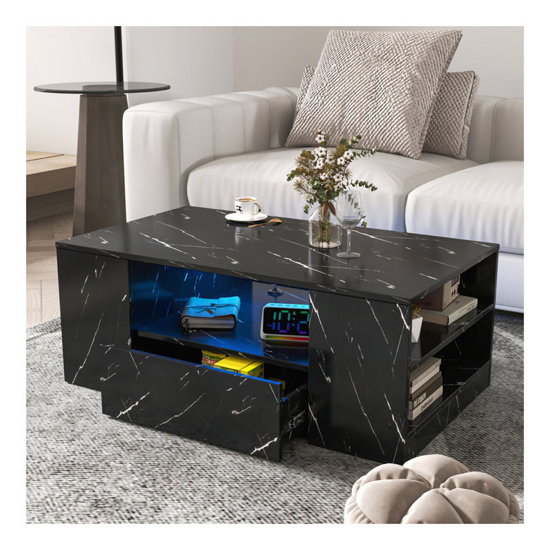 Table basse haute DEL 14,57 po, tables basses modernes pour le salon, table basse avec rangement, petite table basse, table centrale en bois avec 2 tiroirs et tablette latérale ouverte
