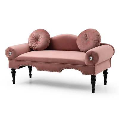 Canapé 2 places pour salon et chambre à coucher en velours de 54 po de largeur, garniture cloutée, pieds en bois, coussins, teinte rose de 54 po de largeur