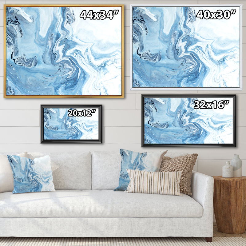«White and Blue Marble Waves», reproduction sur toile, Cadre flottant en érable, H 16 po x l 32 po