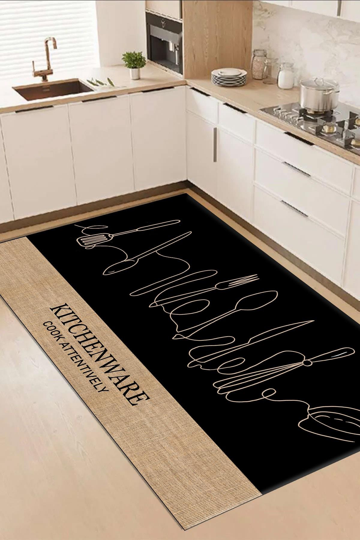 Dark Kitchen Rug Lark Manor™ Digital Non-Slip Washable Modern Kitchen Kitchen Rug Rattan ...