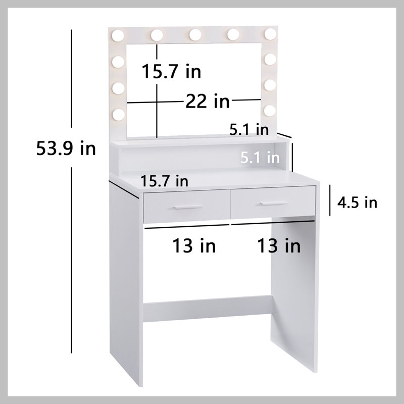 Bureau de coiffeuse avec miroir et lumières, coiffeuse avec grand tiroir, commode de rangement à 2 niveaux et 3 modes d'éclairage à luminosité réglable, convient à la chambre à coucher (blanc)