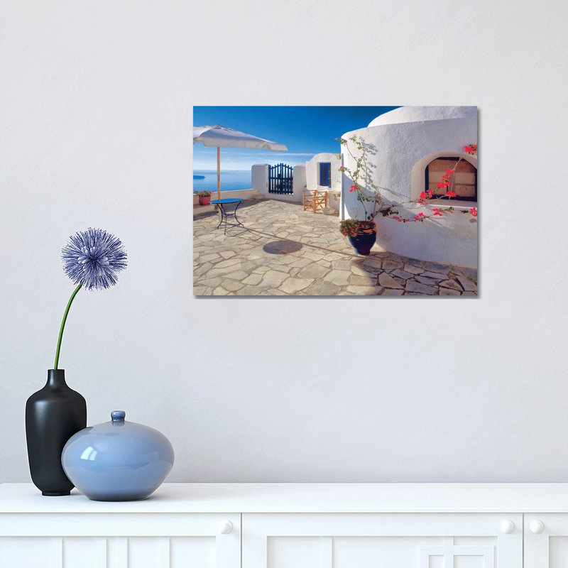 Greece, Santorini, Oia. House Balcony With Ocean View by Jaynes Gallery - Wrapped Canvas Print