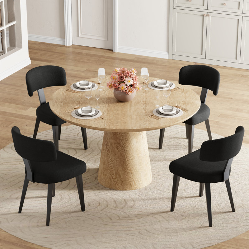 Ensemble de salle à manger rond 5 pièces avec table à pied centrale et chaises rembourrées, Beige, White