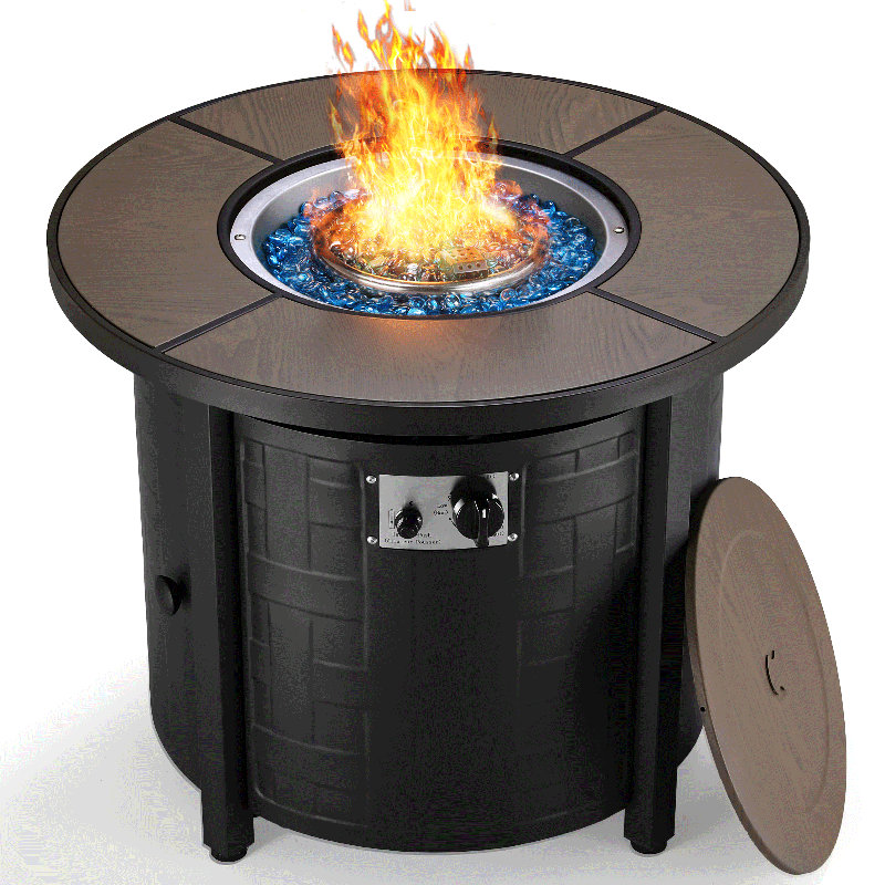  30" Propane Fire Pit Table With Lid And Blue Stone, 50,000 Btu Auto-ignition Circular Gas Fire Pit For Outdoor, 30", Brown