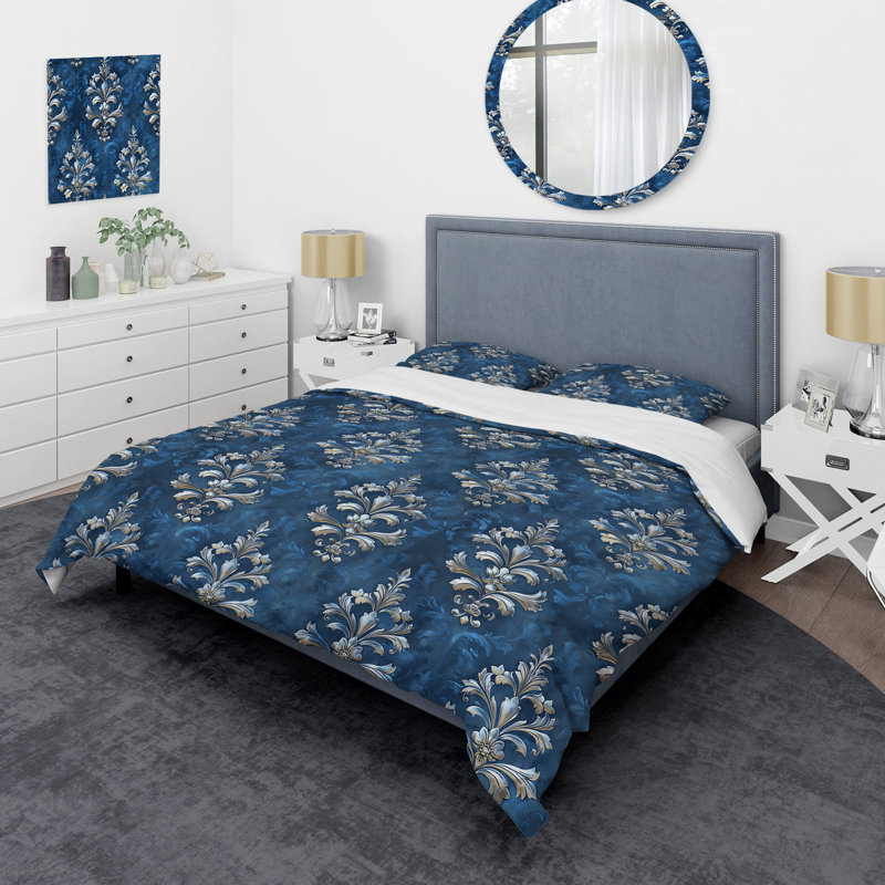 Ensemble de housse de couette bleu et argenté à motif damassé glamour I - Glam