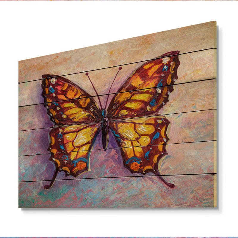 Peinture abstraite papillon orange II - peinture sur bois sans cadre, H 24 po x l 36 po x P 1 po