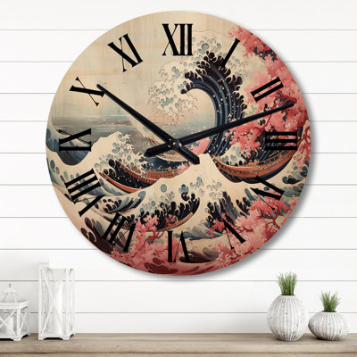Masterpiece Pink The Great Wave Of Kanagawa II - Nautical & Beach Oversized Wood Wall Clock