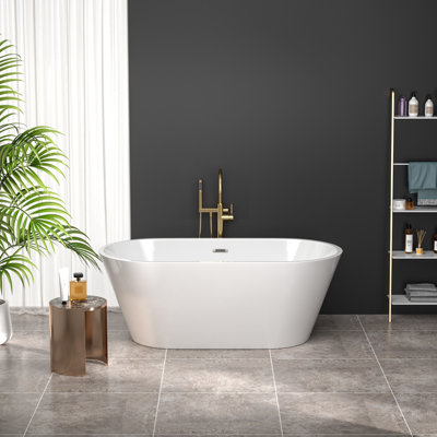 59" x 29.5" Freestanding Soaking Acrylic Bathtub with Drain and Overflow