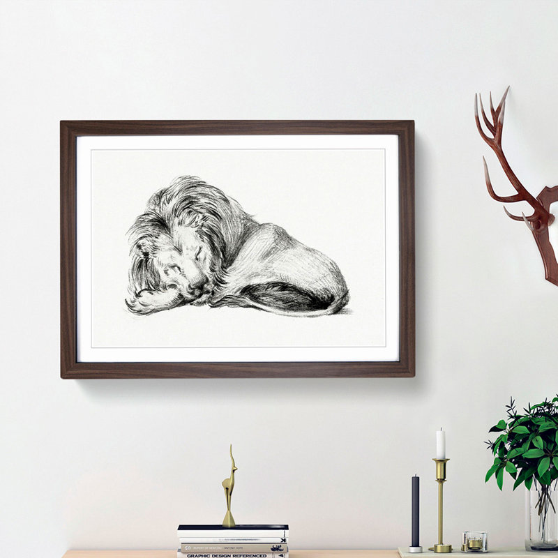 Sleeping Lion by Jean Bernard - Picture Frame Drawing Print, 48cm H x 65cm W x 2cm D, Walnut Framed