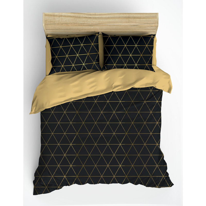 Quilt Cover Set, Black/Gold Geometric, Full Duvet Cover + 2 Standard Pillowcase