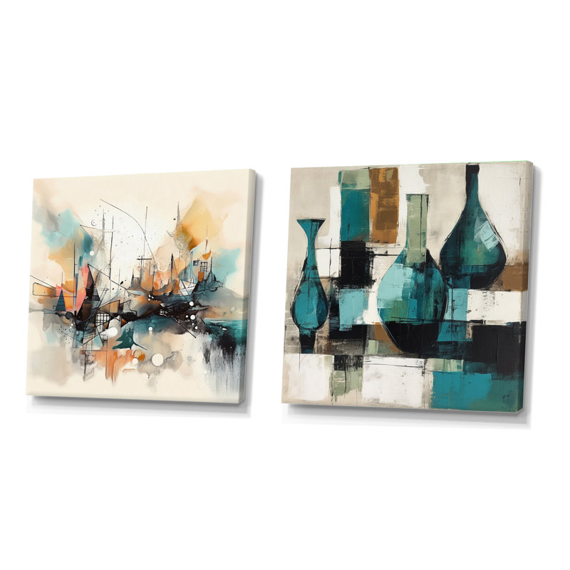 Green and Cream Abstracted Realities - Ensemble de 2 collages carrés abstraits, H 30 po x l 61 po, Toile tendue
