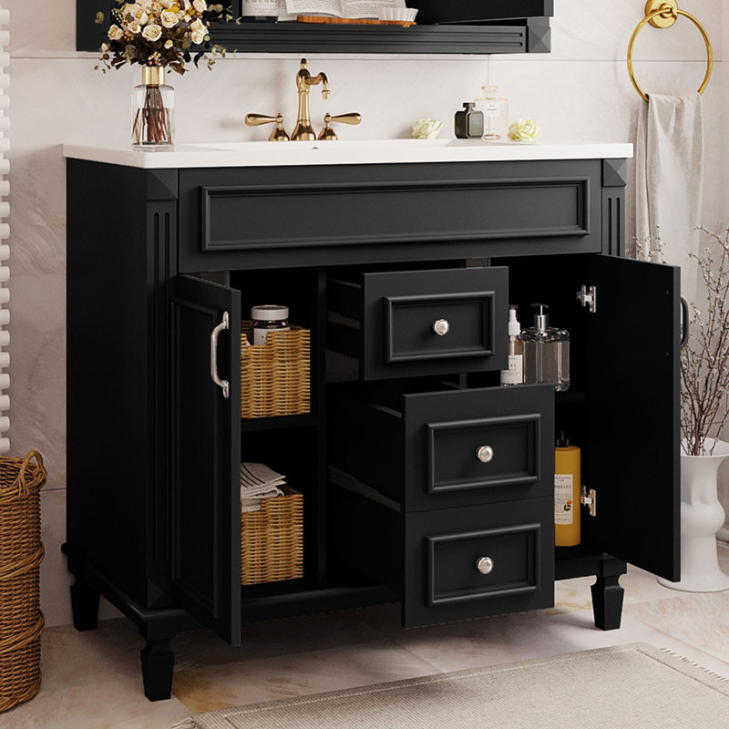 Meuble-lavabo 36 po avec lavabo supérieur, armoire de rangement moderne avec 2 portes à fermeture douce et 2 tiroirs, Noir