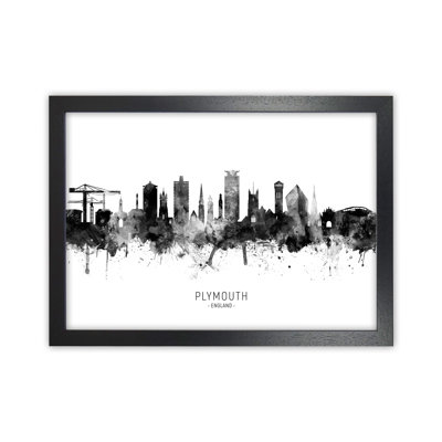 Plymouth England Skyline Black White City Name by Michael Tompsett - 1 Piece Wall Art