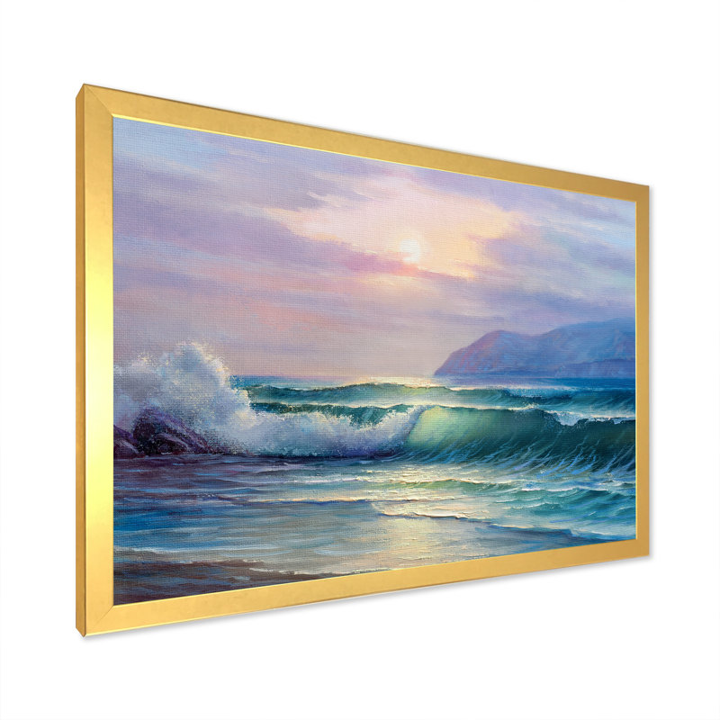 «Beautiful Green Ocean Sunset And Waves», reproduction sur toile flottante, H 16 po x l 32 po x P 1 po, Cadre doré