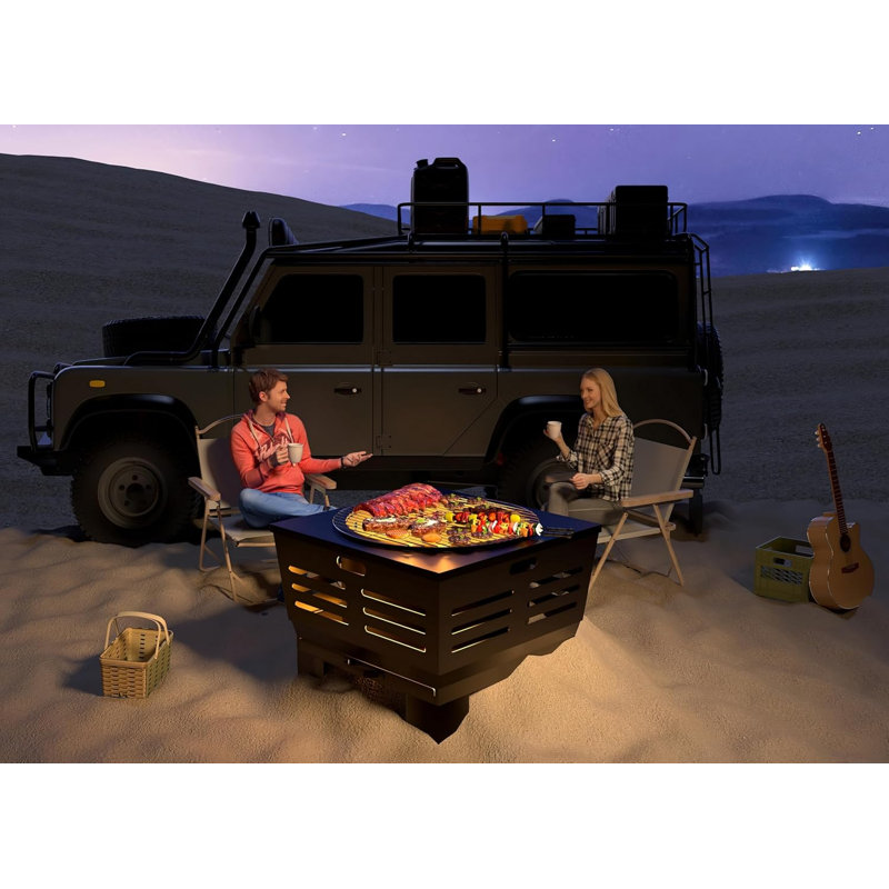 Foyer avec support, foyer au bois sans fumée avec cendrier, foyer extérieur portatif avec grille de cuisson et tisonnier pour le camping, cour arrière | L: 23 po x l 23 po x H: 19 po, 28,6 lb