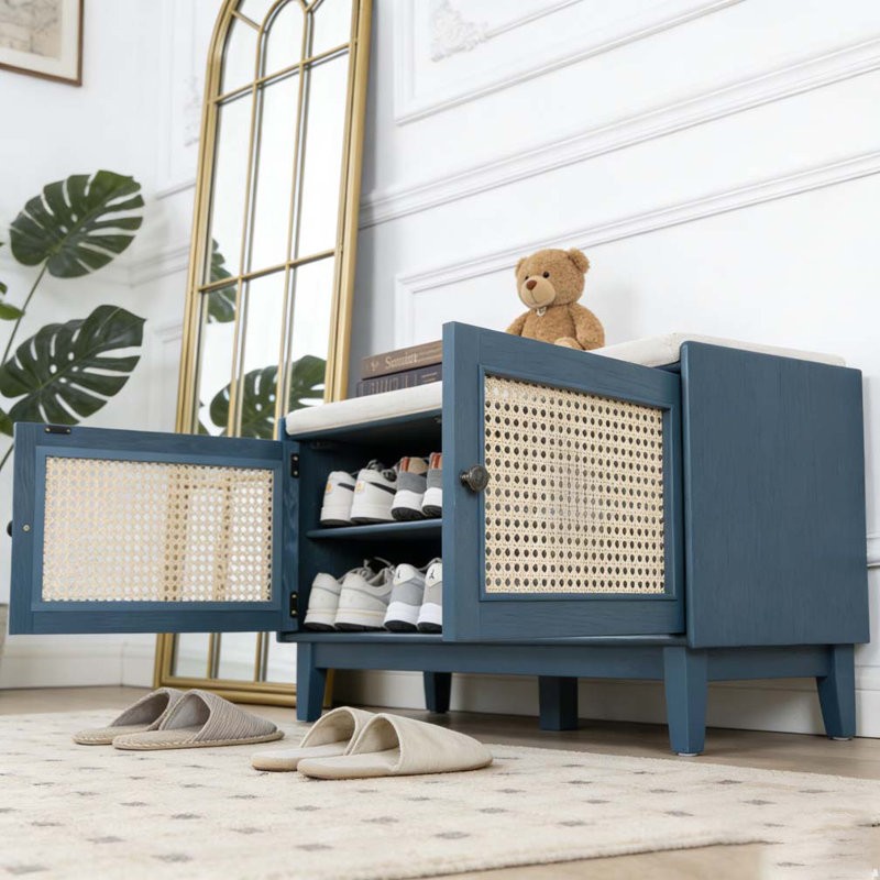 Banc d'entrée avec rangement, banc à chaussures rembourré avec portes doubles, Bleu marine antique
