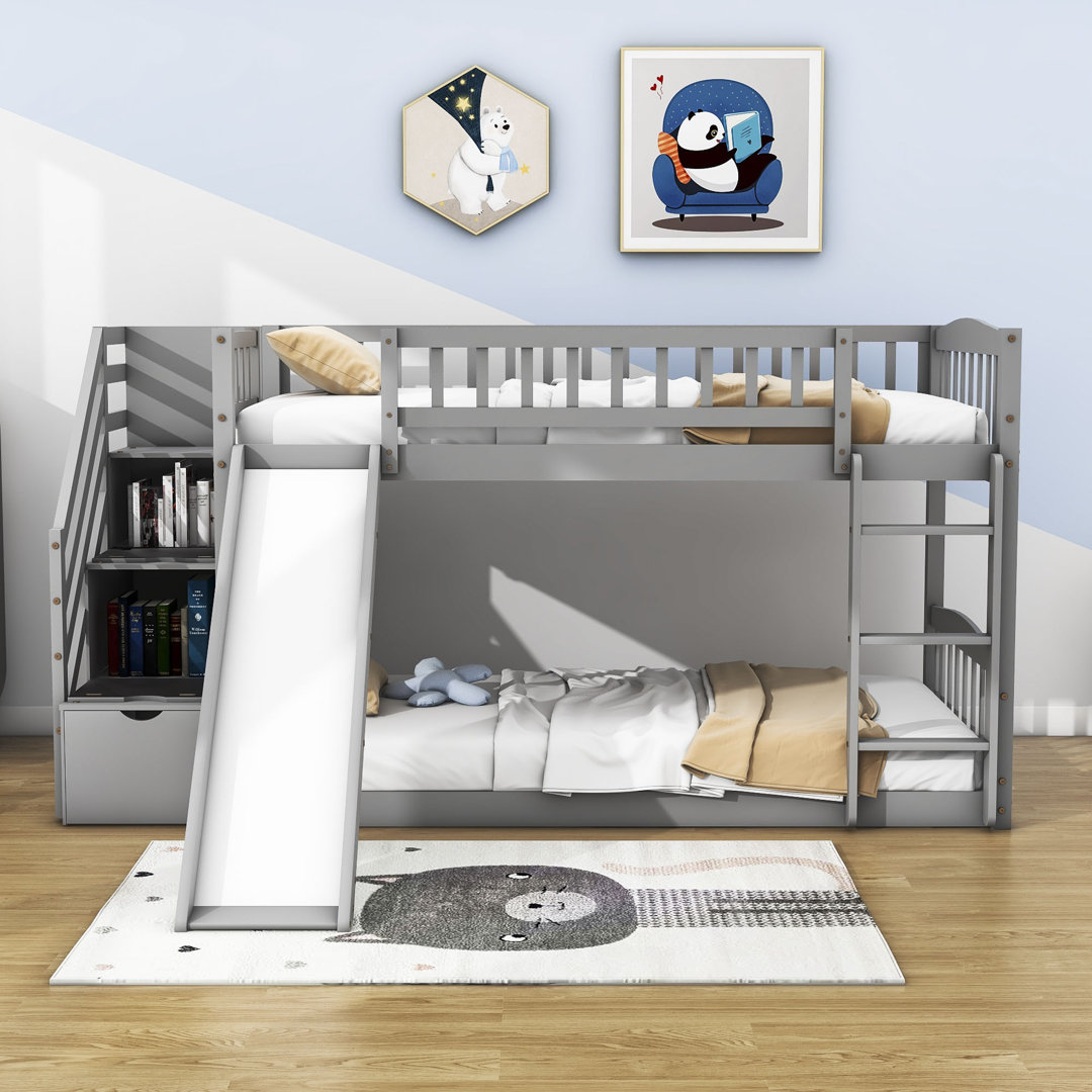Faith-Marie Twin Over Twin Standard Bunk Bed with Slide and Storage Harriet Bee Bed Frame 