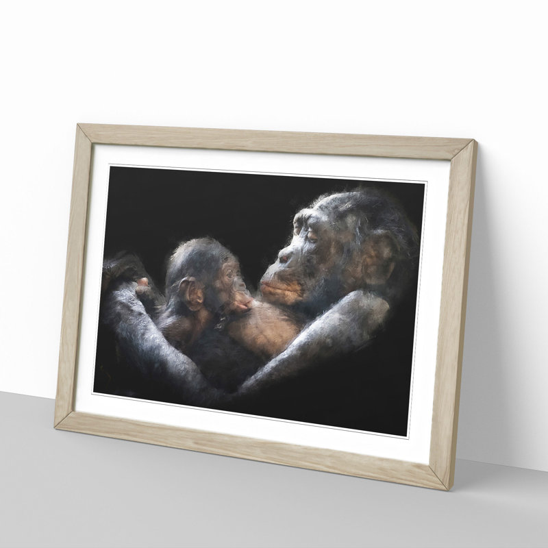 Gorilla Mother & Child - Picture Frame Graphic Art Print, 24cm H x 33cm W x 2cm D, Oak Framed