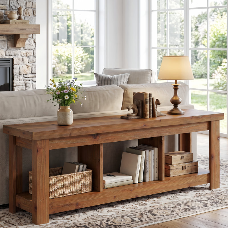 62.99-Inch Solid Wood Console Table, Farmhouse Low Sofa Table TV Media With Storage For Entryway, Living Room, Brown