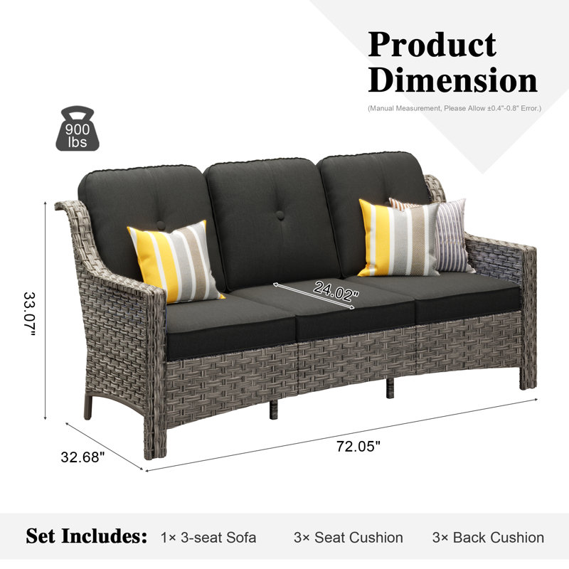 Witar 72'' Wide Straight Patio Sofa with Cushions, Black