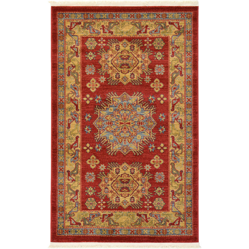 Tapis rouge de style oriental Eesi, Rectangle 3 pi 1 po x 5 pi 3 po