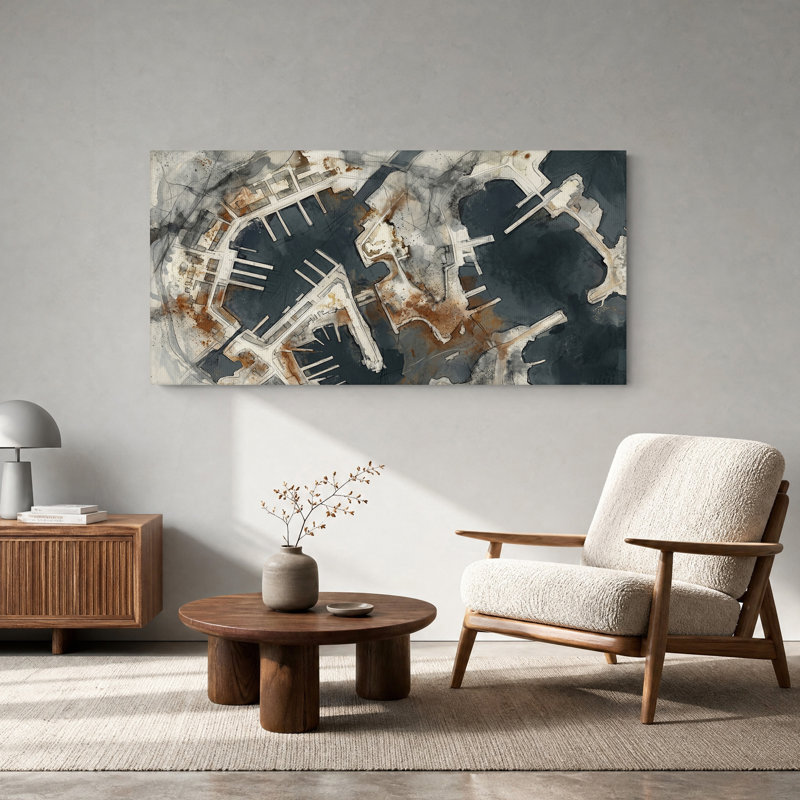Vue aérienne des quais du port, tableau sur toile aux tons rouille et gris, 58“W x 28”H