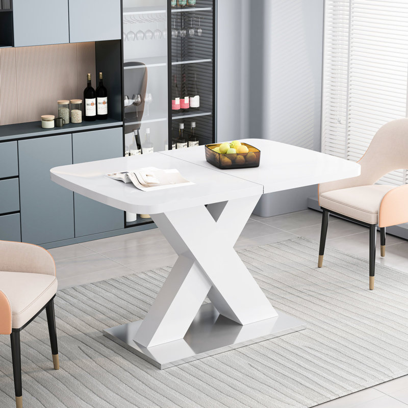 Table de salle à manger carrée blanche, extensible, avec base en acier, h 29,35 po, Perspectives modernes faciles à nettoyer, plateau extensible 220 lb