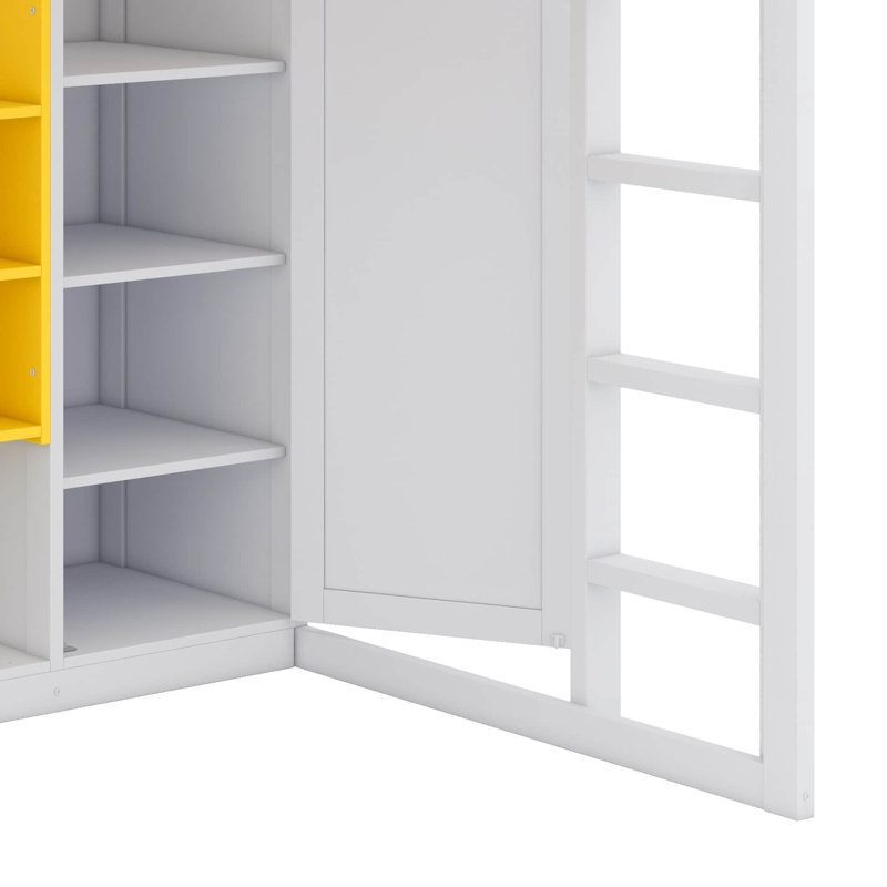 Lit mezzanine surélevé pleine grandeur avec placard et supports, Blanc / jaune