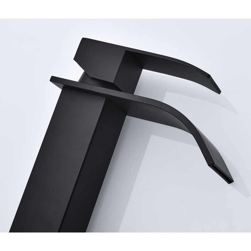 Robinet de lavabo de salle de bain en acier inoxydable avec bec cascade et drain escamotable sans trop-plein, noir mat, poignée simple pour l'utilisateur précis - eau, contrôle, robinet de gestion, apparence noire, trop-plein