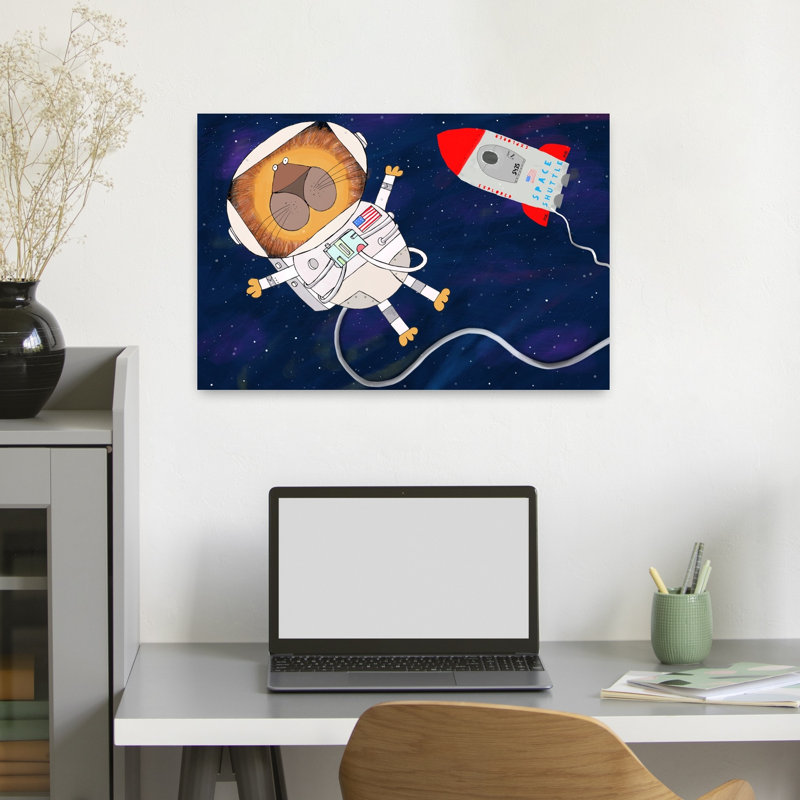 Lion, astronaute, explorateur, fantaisiste, fantaisiste, lion, paysage, impression murale, H 16 po x l 24 po