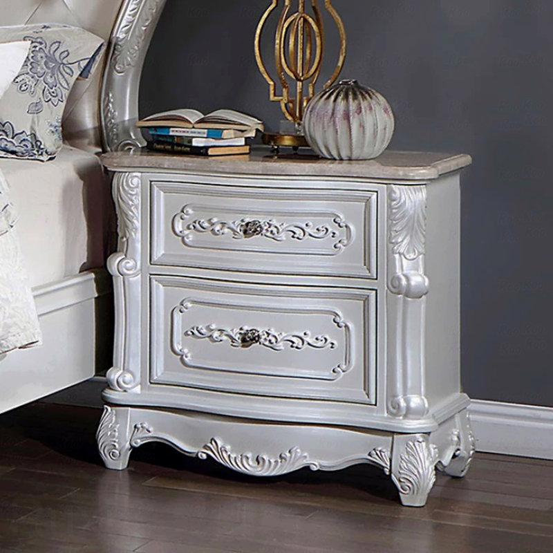 Traditional 1Pc Bedroom Nightstand Only Solid Wooden 2-Drawers Round Knobs Bedside Nightstand Table Genuine Marble Top On Bedroom Nightstand