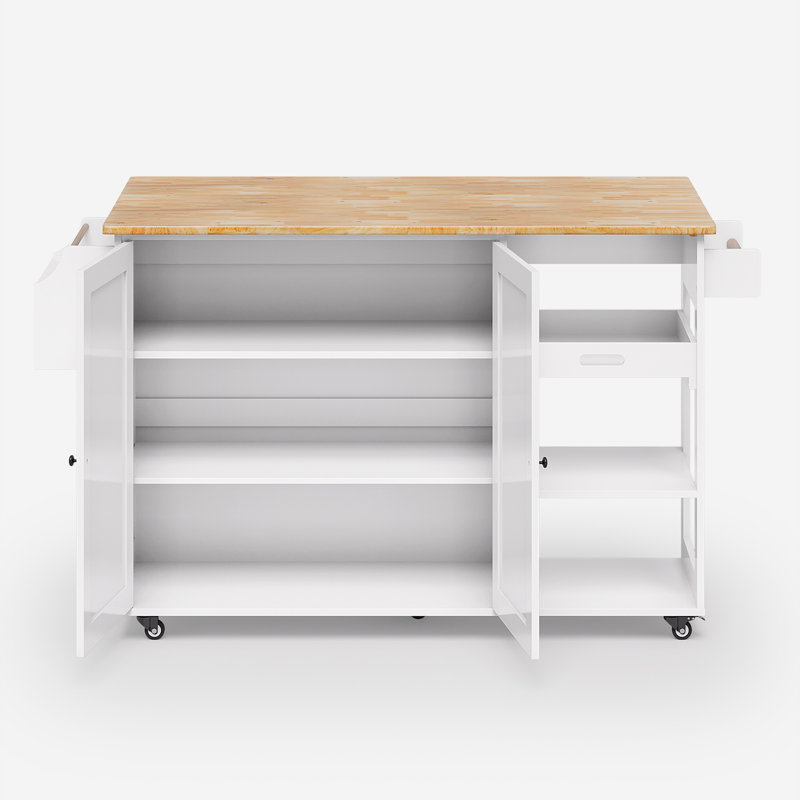 Wood Kitchen Island with Drop Leaf Breakfast Bar, Rolling Kitchen Cart with 2 Doors and 2 Shelves, Mobile Storage Island with Spice Rack and Towel Rack