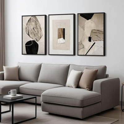 Art mural encadré neutre, ensemble de 3 toiles modernes, œuvres d'art minimalistes en noir et beige pour salon, couloir, escalier, chambre à coucher, bureau, décoration murale, 16 x 24 pouces
