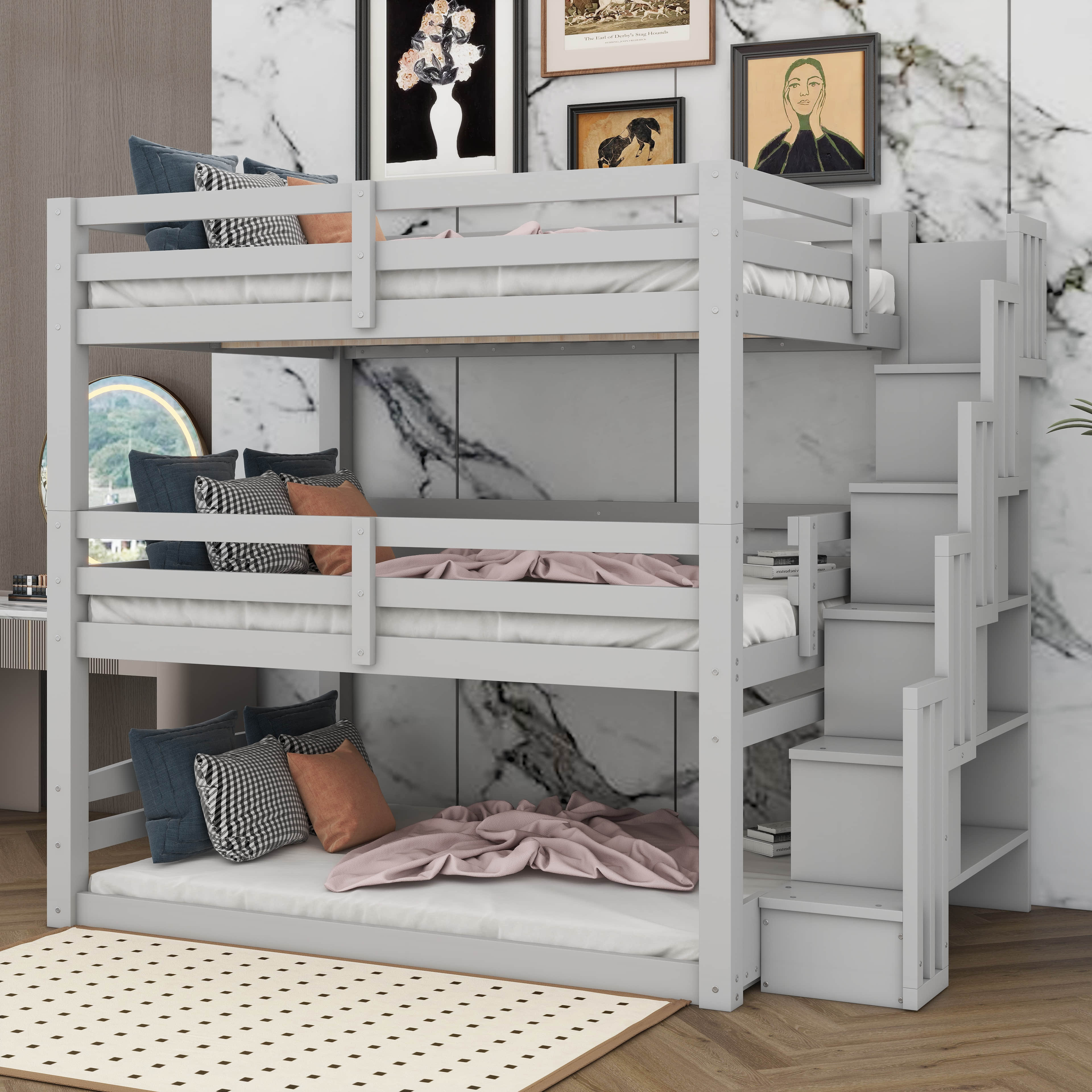 Latitude Run® Full Size Triple Bunk Bed With Storage Staircase