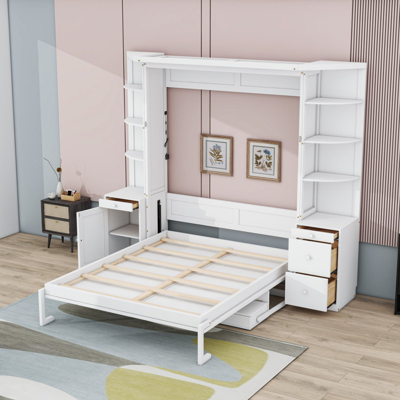 Lit escamotable avec bureau, tablettes et armoires Murphy, White