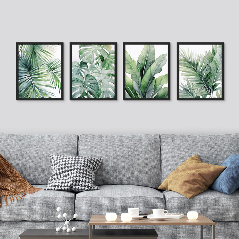 Plantes de la jungle tropicale, feuilles vertes, 4 pièces, Noir, H 16 po x l 12 po