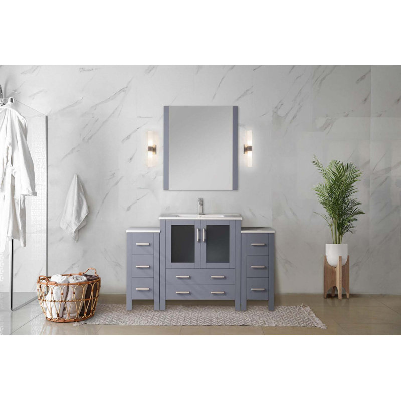 Meuble-lavabo simple gris foncé l 54 po x P 18,25 po, avec armoires latérales et plateau en céramique blanche