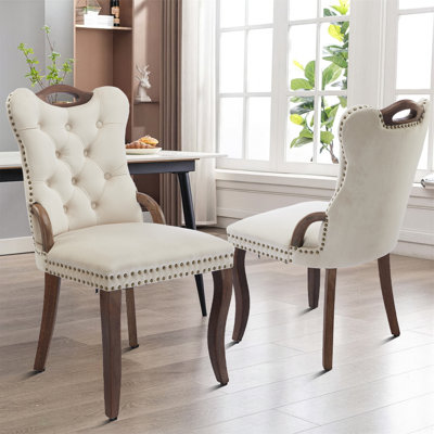 Ensemble de 2 chaises de salle à manger rembourrées avec dossier capitonné, garniture cloutée et pieds en bois - chaises d'appoint classiques