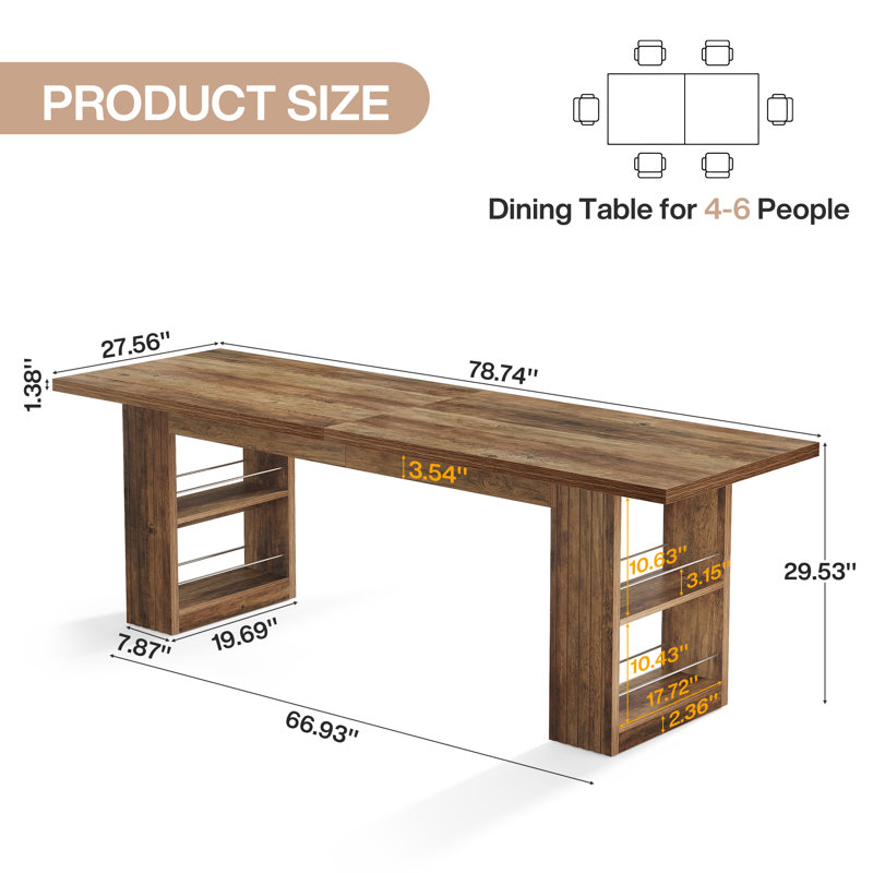 79-Inch Farmhouse Dining Table, Large Kitchen Table with Storage Shelves, Rectangular Shape for Dining Room & Kitchen