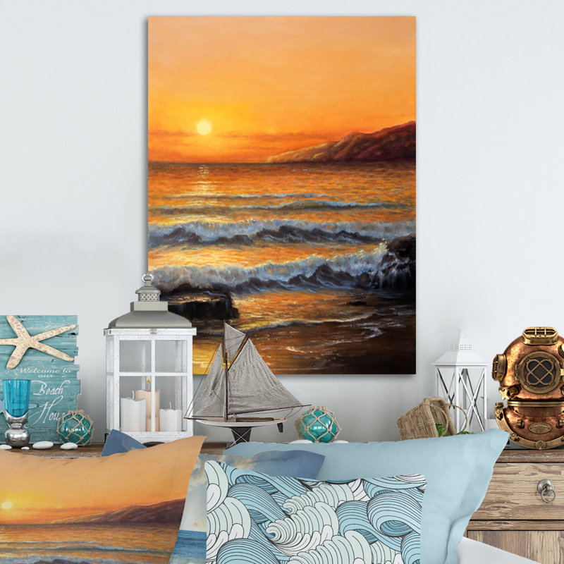 Golden Waves at Ocean Sea Shore - Impression sur bois orange nautique et côtier, H 20 po x l 12 po x P 1 po